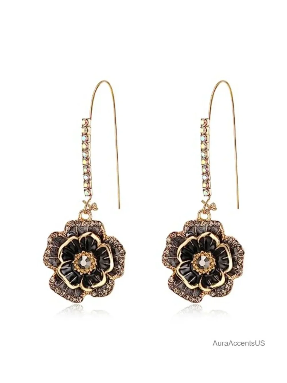 Rhinestone Enamel Rose Flower Drop Dangle Earrings for Women Prom Party Gift